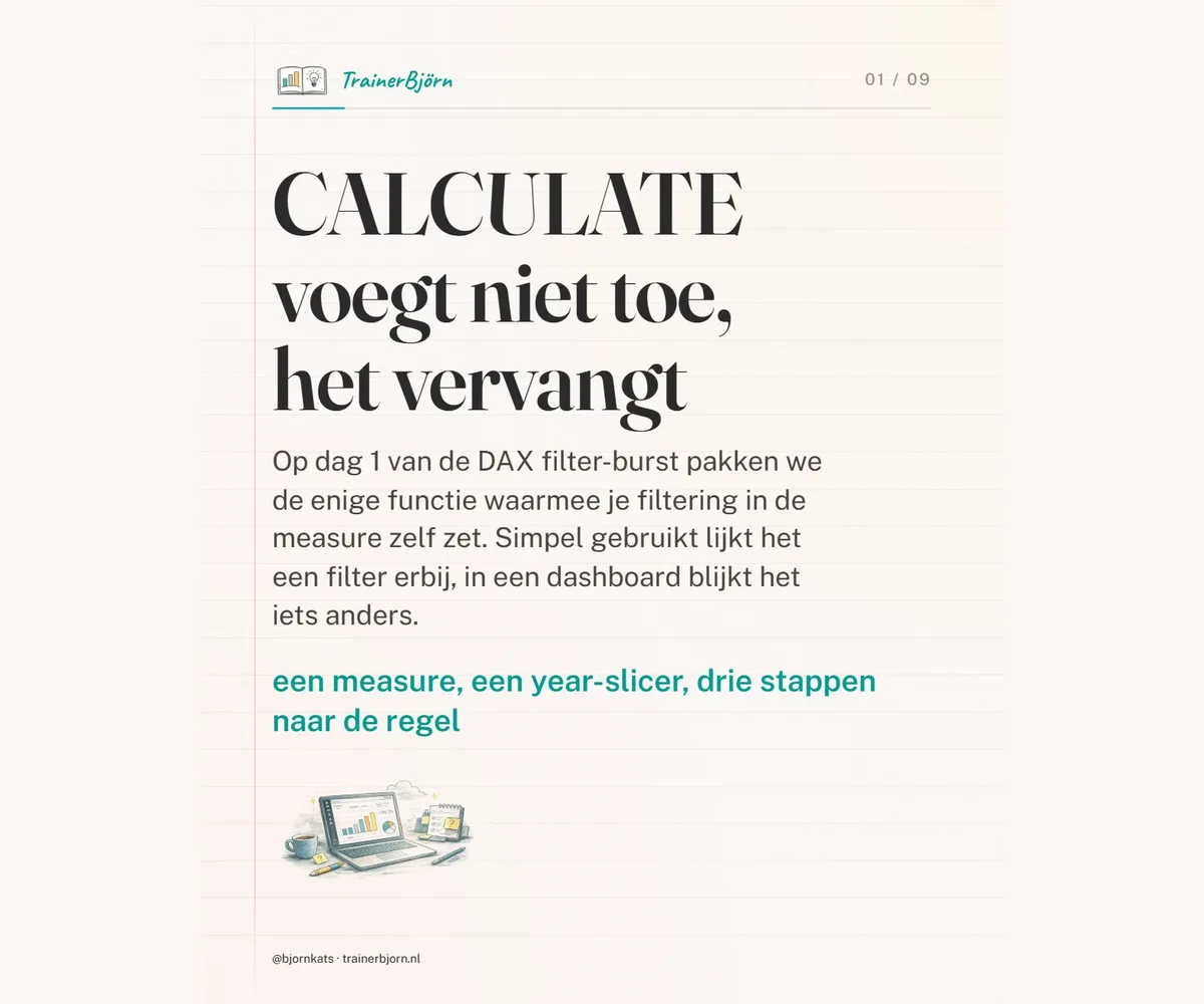 Kaart bij de notitie: CALCULATE vervangt de filter op die kolom: dag 1 van de DAX filter-burst